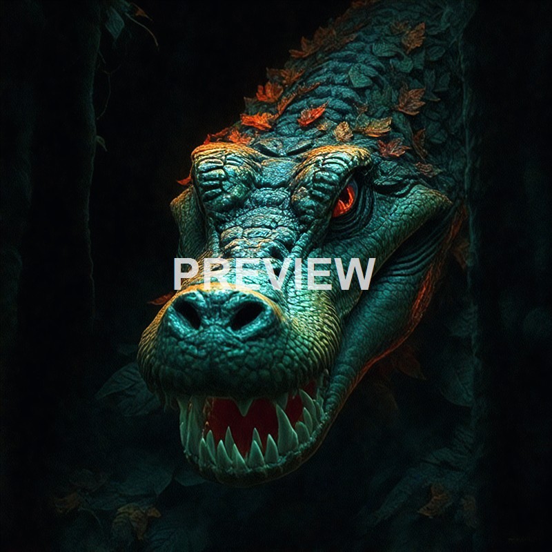 A fierce-looking crocodile with textured green skin and fiery red eyes, partially obscured by dark shadows and surrounded by autumn leaves.